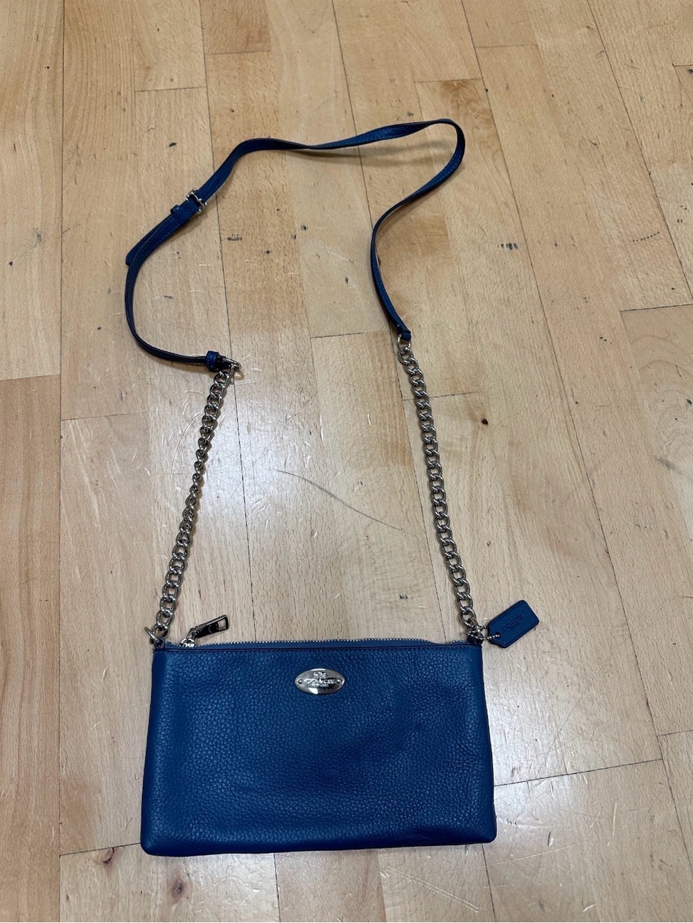 Coach Navy Pebbled Leather Crossbody with Chain Strap